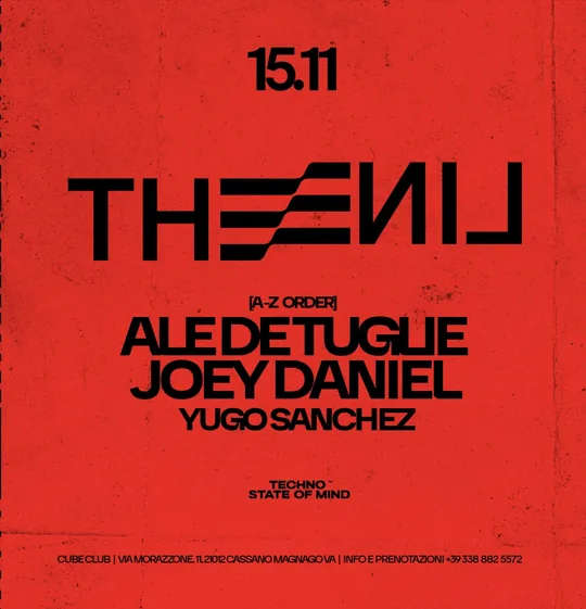 Flyer THE LINE del 15 novembre 2024 con Ale De Tuglie, Joey Daniel e Yugo Sanchez
